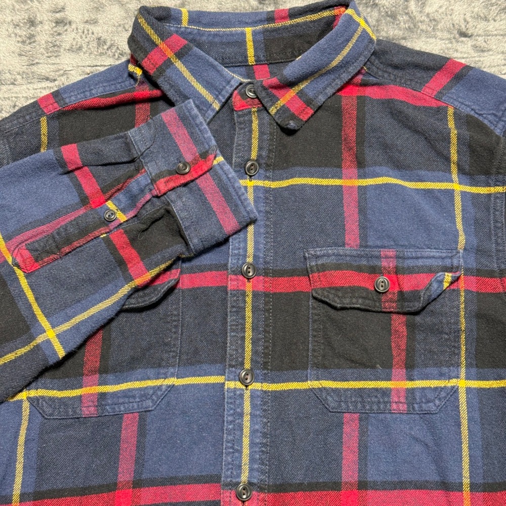 American Eagle Flannel Mens L Blue Red Yellow Plaid Heritage Button Down Shirt